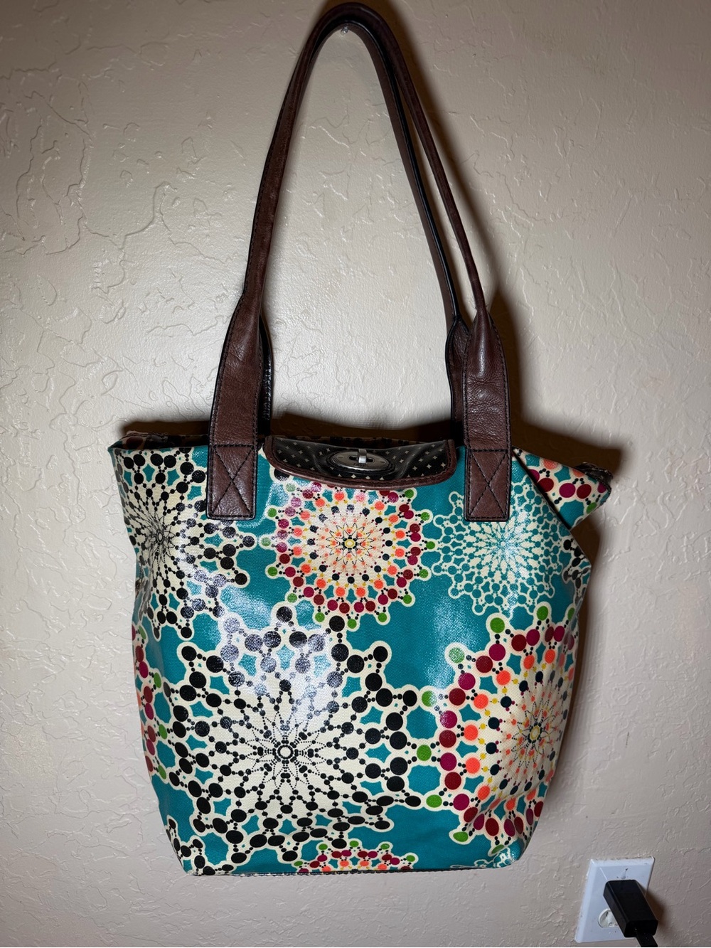 Colorful Teal Floral Tote Bag with Brown Handles